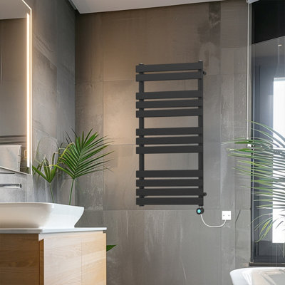 Rinse Bathrooms 1200x600mm Black Designer Flat Panel Electric Heated Towel Rail Thermostatic Timer Bathroom Towel Radiator 600W