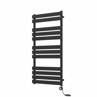 Rinse Bathrooms 1200x600mm Black Designer Flat Panel Electric Heated Towel Rail Thermostatic Timer Bathroom Towel Radiator 600W