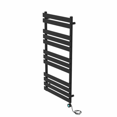 Rinse Bathrooms 1200x600mm Black Designer Flat Panel Electric Heated Towel Rail Thermostatic Timer Bathroom Towel Radiator 600W