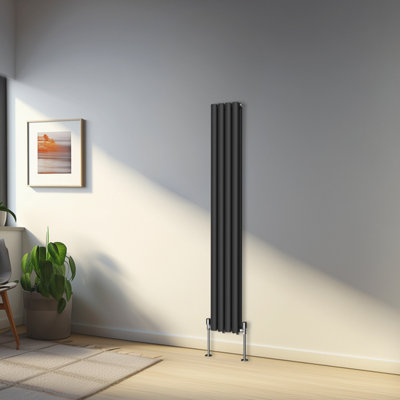 Rinse Bathrooms 1600x236mm Black Vertical Designer Radiator Double Column Oval Panel Bathroom Radiators