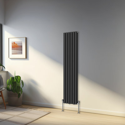 Rinse Bathrooms 1600x354mm Black Vertical Designer Radiator Double Column Oval Panel Bathroom Radiators