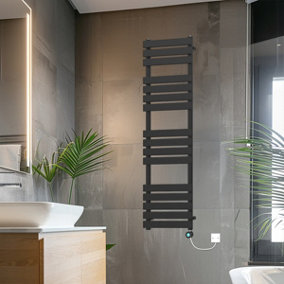 Rinse Bathrooms 1600x450mm Black Designer Flat Panel Electric Heated Towel Rail Thermostatic Timer Bathroom Towel Radiator 800W