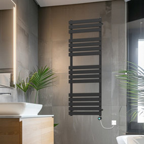 Rinse Bathrooms 1600x600mm Black Designer Flat Panel Electric Heated Towel Rail Thermostatic Timer Bathroom Towel Radiator 800W