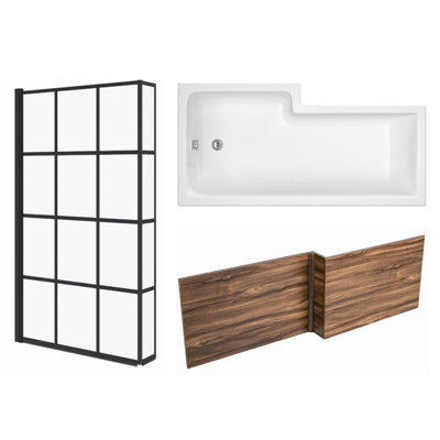 Rinse Bathrooms 1700x850x390mm L-Shaped Bath Right Hand + Walnut Front ...