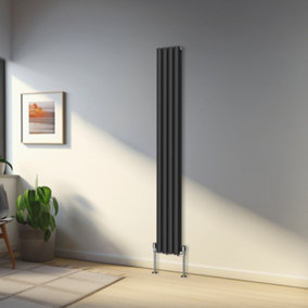Rinse Bathrooms 1800x236mm Black Vertical Designer Radiator Double Column Oval Panel Bathroom Radiators