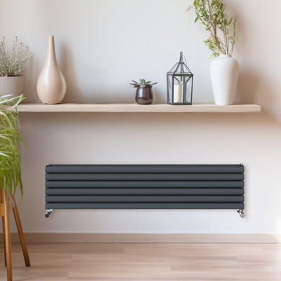 Rinse Bathrooms 354x1600mm Anthracite Horizontal Radiator Double Column Oval Panel Radiators Central Heating