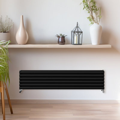 Rinse Bathrooms 354x1600mm Black Horizontal Radiator Double Column Oval Panel Radiators Central Heating