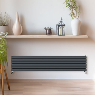 Rinse Bathrooms 354x1800mm Anthracite Horizontal Radiator Double Column Oval Panel Radiators Central Heating