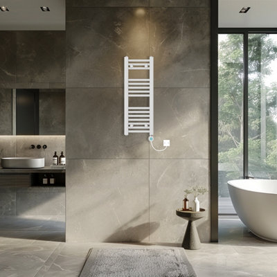 Rinse Bathrooms 400W Electric Thermostatic Heated Towel Rail Bathroom Radiators Straight with LCD Display Timer White 800x300mm