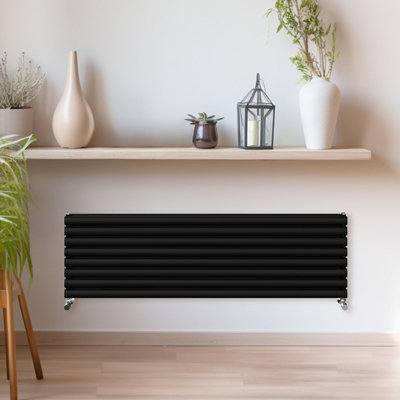 Rinse Bathrooms 472x1600mm Black Horizontal Radiator Double Column Oval Panel Radiators Central Heating