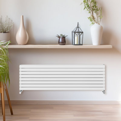 Rinse Bathrooms 472x1600mm White Horizontal Radiator Double Column Oval Panel Radiators Central Heating