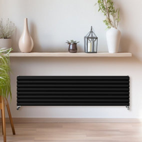 Rinse Bathrooms 472x1800mm Black Horizontal Radiator Double Column Oval Panel Radiators Central Heating