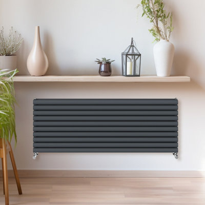 Rinse Bathrooms 590x1600mm Anthracite Horizontal Radiator Double Column Oval Panel Radiators Central Heating