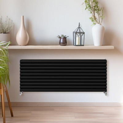 Rinse Bathrooms 590x1600mm Black Horizontal Radiator Double Column Oval Panel Radiators Central Heating