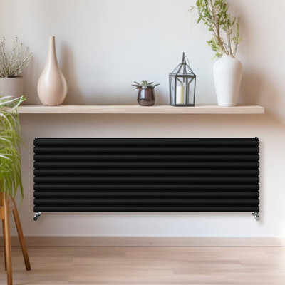 Rinse Bathrooms 590x1800mm Black Horizontal Radiator Double Column Oval Panel Radiators Central Heating