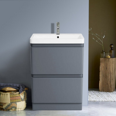 Rinse Bathrooms 600mm Free Standing Basin Vanity Cabinet Unit Bathroom Soft Close Drawers Storage Furniture Gloss Grey