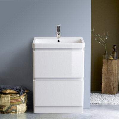 Rinse Bathrooms 600mm Free Standing Basin Vanity Cabinet Unit Bathroom Soft Close Drawers Storage Furniture Gloss White