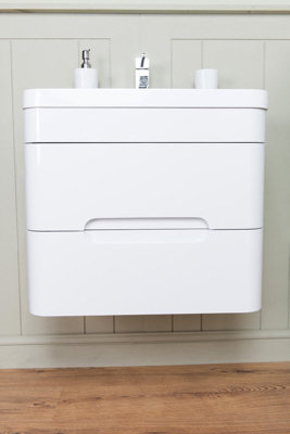 Rinse Bathrooms 600mm Wall Hung Basin Vanity Unit Gloss White Double Soft Close Drawer 1 Tap Hole Sink Bathroom Toilet Furniture