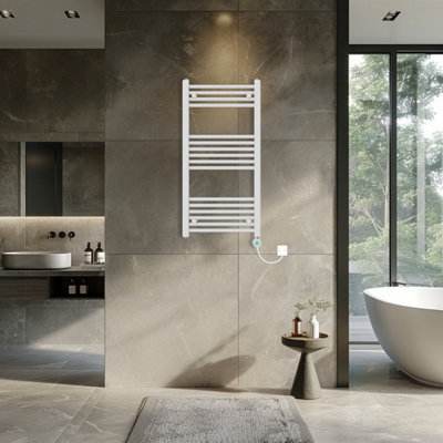 Rinse Bathrooms 600W Electric Thermostatic Heated Towel Rail Bathroom Radiators Straight with LCD Display Timer White 1000x500mm
