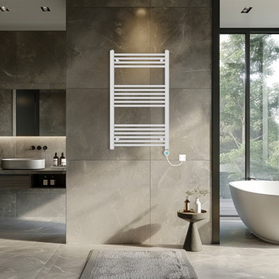 Rinse Bathrooms 600W Electric Thermostatic Heated Towel Rail Bathroom Radiators Straight with LCD Display Timer White 1000x600mm