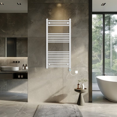 Rinse Bathrooms 600W Electric Thermostatic Heated Towel Rail Bathroom Radiators Straight with LCD Display Timer White 1200x600mm