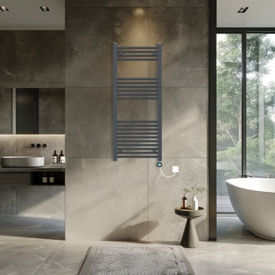 Rinse Bathrooms 600W Electric Thermostatic Heated Towel Rail Bathroom Radiators Straight with Timer - Anthracite - 1200x500mm