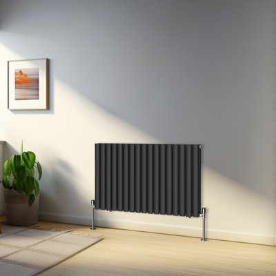 Rinse Bathrooms 600x1003mm Black Horizontal Designer Radiator Double Column Oval Panel Bathroom Radiators