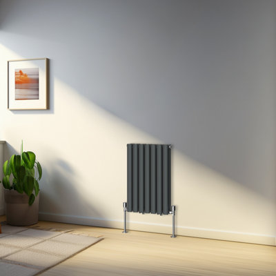 Rinse Bathrooms 600x413mm Anthracite Horizontal Designer Radiator Double Column Oval Panel Bathroom Radiators