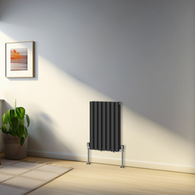 Rinse Bathrooms 600x413mm Black Horizontal Designer Radiator Double Column Oval Panel Bathroom Radiators