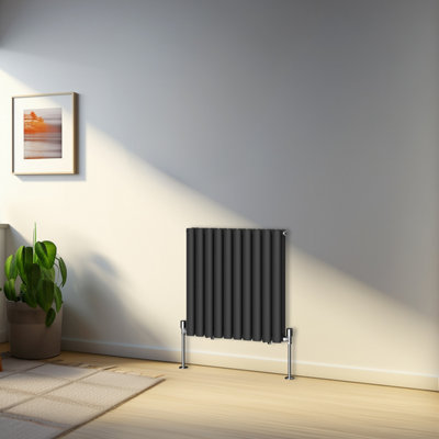 Rinse Bathrooms 600x590mm Black Horizontal Designer Radiator Double Column Oval Panel Bathroom Radiators