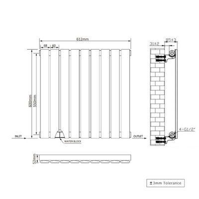 Rinse Bathrooms 600x612mm Horizontal Column Designer Radiator Chrome Single Flat Panel Radiators