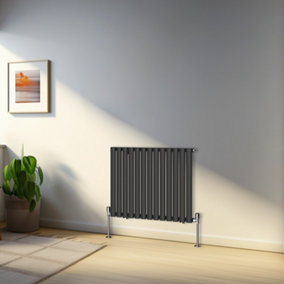 Rinse Bathrooms 600x767mm Black Horizontal Designer Radiator Single Column Oval Panel Bathroom Radiators