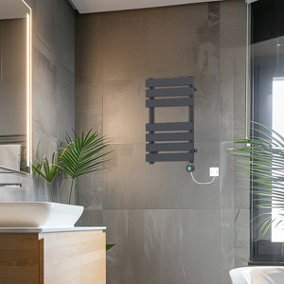 Rinse Bathrooms 650x400mm Sand Grey Flat Panel Electric Heated Towel Rail Thermostatic Timer Bathroom Towel Radiator 400W