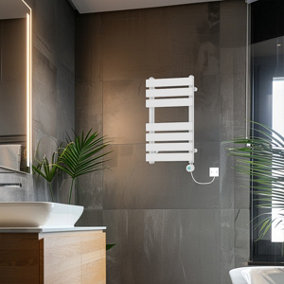 Rinse Bathrooms 650x400mm White Designer Flat Panel Electric Heated Towel Rail Thermostatic Timer Bathroom Towel Radiator 400W