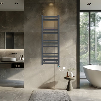 Rinse Bathrooms 800W Electric Thermostatic Heated Towel Rail Bathroom Radiators Straight with Timer - Anthracite - 1400x500mm