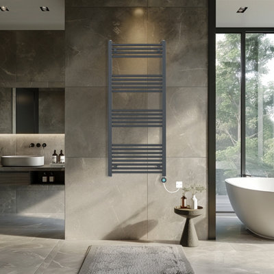 Rinse Bathrooms 800W Electric Thermostatic Heated Towel Rail Bathroom Radiators Straight with Timer - Anthracite - 1400x600mm
