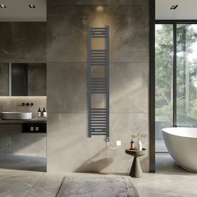 Rinse Bathrooms 800W Electric Thermostatic Heated Towel Rail Bathroom Radiators Straight with Timer - Anthracite - 1600x300mm