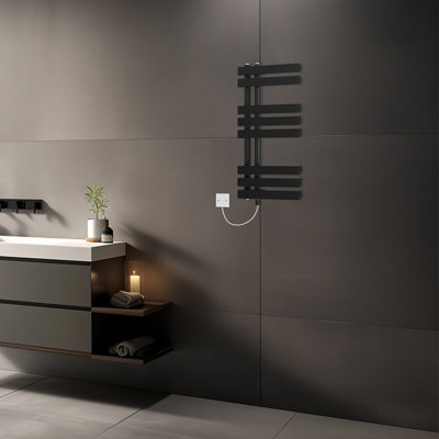 Rinse Bathrooms 800x450mm Black Designer Bathroom Electric Heated Towel Rail Rad Ladder Radiator Kit 400W Price Comparisons | Compare The Build