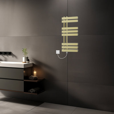 Rinse Bathrooms 800x450mm Brushed Brass Designer Bathroom Electric Heated Towel Rail Rad Ladder Radiator Kit 400W Price Comparisons | Compare The Build