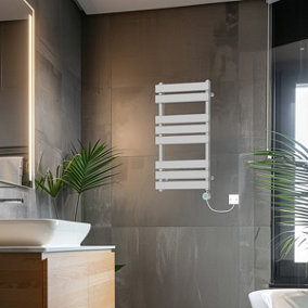 Rinse Bathrooms 800x450mm Chrome Designer Flat Panel Electric Heated Towel Rail Thermostatic Timer Bathroom Towel Radiator 400W