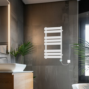 Rinse Bathrooms 800x500mm White Designer Flat Panel Electric Heated Towel Rail Thermostatic Timer Bathroom Towel Radiator 400W