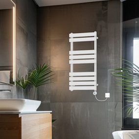 Rinse Bathrooms 950x500mm White Designer Flat Panel Electric Heated Towel Rail Thermostatic Timer Bathroom Towel Radiator 400W