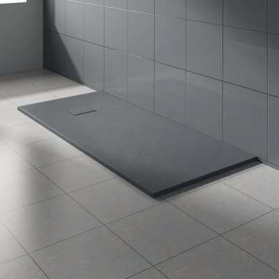 Rinse Bathrooms Anthracite Rectangular Shower Tray Slate Effect SMC Slip-Resistant Shower Base 1700x800mm with Waste