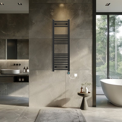 Rinse Bathrooms Black Electric Heated Towel Rail Straight Thermostatic ...
