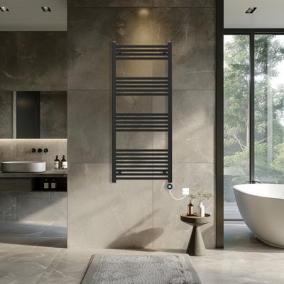Rinse Bathrooms Black Electric Heated Towel Rail Straight Thermostatic Bathroom Towel Radiator with Timer - 1400x600mm 800W