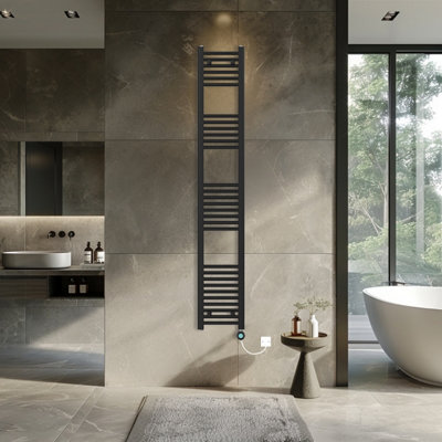 Rinse Bathrooms Black Electric Heated Towel Rail Straight Thermostatic ...