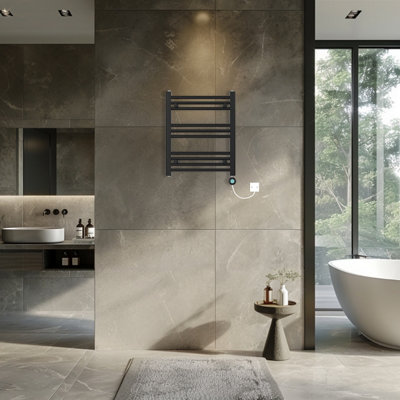 Rinse Bathrooms Black Electric Heated Towel Rail Straight Thermostatic Bathroom Towel Radiator with Timer - 600x500mm 400W