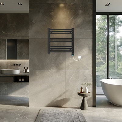 Rinse Bathrooms Black Electric Heated Towel Rail Straight Thermostatic Bathroom Towel Radiator with Timer - 600x600mm 400W