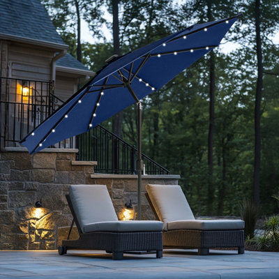 Rinse Bathrooms Blue Garden Parasol with Solar Powered Lights with Tilt and Crank Handle Outdoor Patio Umbrella Mechanism 2.7m