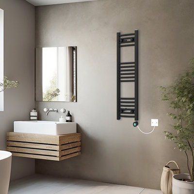 Rinse Bathrooms Curved Black Electric Thermostatic Bathroom Towel Radiator with Timer Prefilled - 1000x300mm 400W